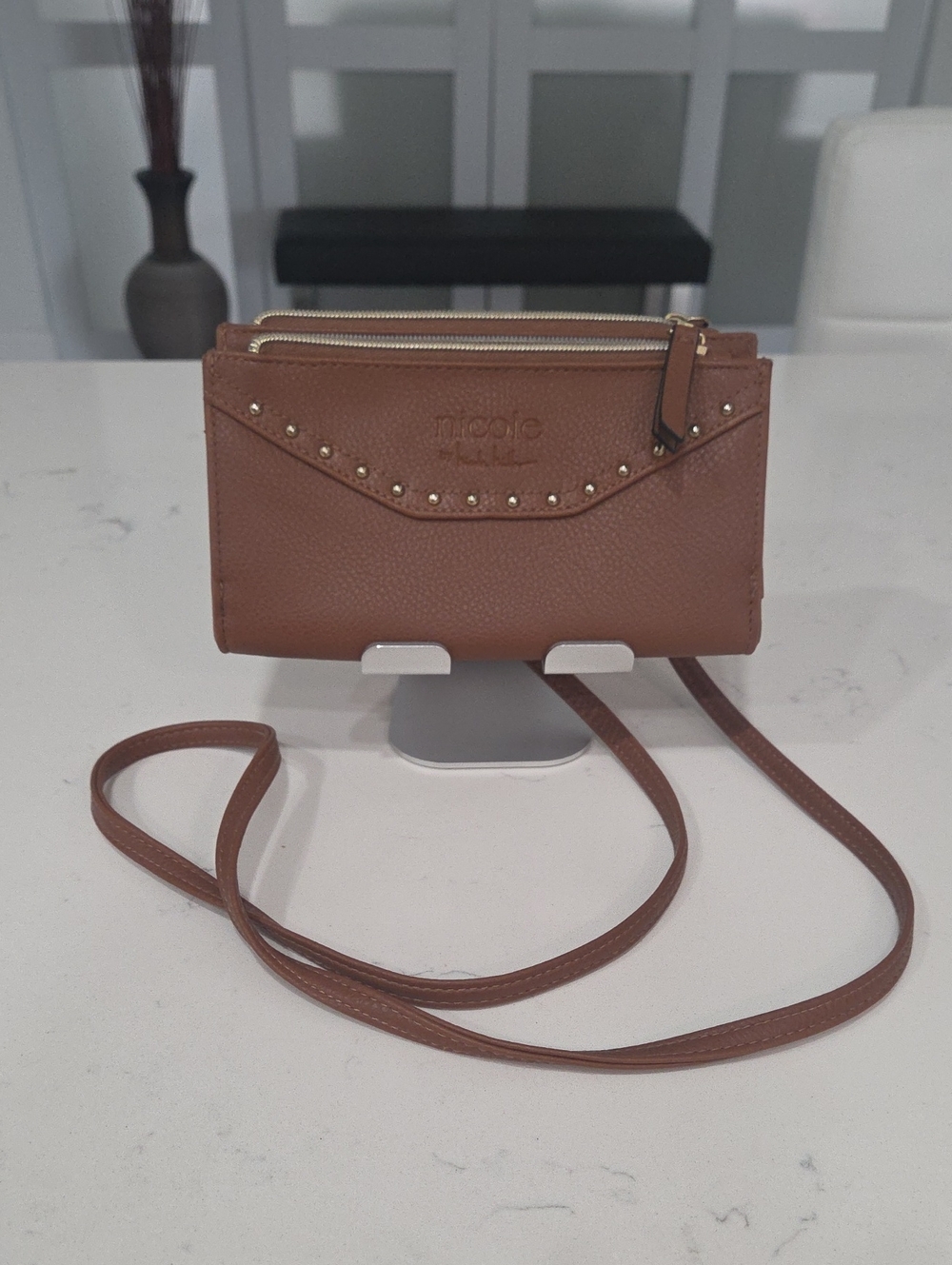 Nicole Miller Brown Pebbled Vegan Leather Crossbody Wallet with Gold Studs